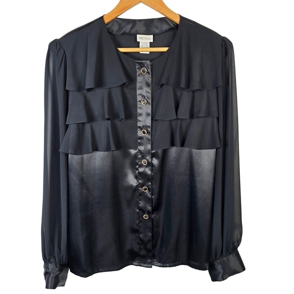 Nicola Women's Black Ruffle Satin‎ Trim Long Sleeve Blouse Size 14
